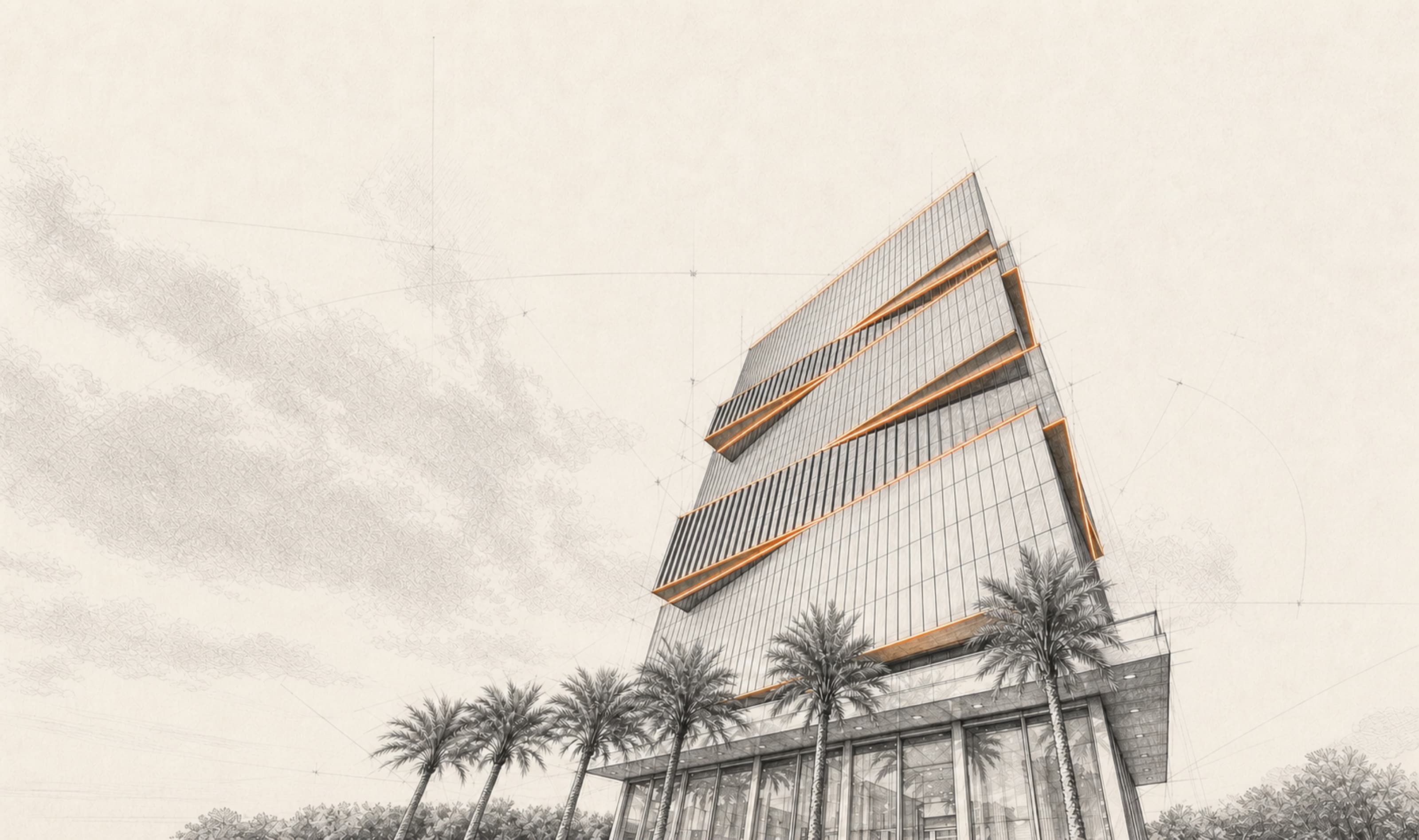 Architectural drawing of The Vertical tower in graphite, with restrained gold edges and palms at its base